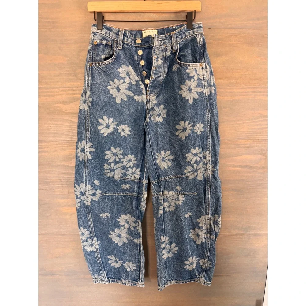 Free People We The Free Good Luck Printed Barrel Jeans Laser Daisy Blue Floral